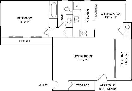 A floor plan of a small apartment with a bedroom
